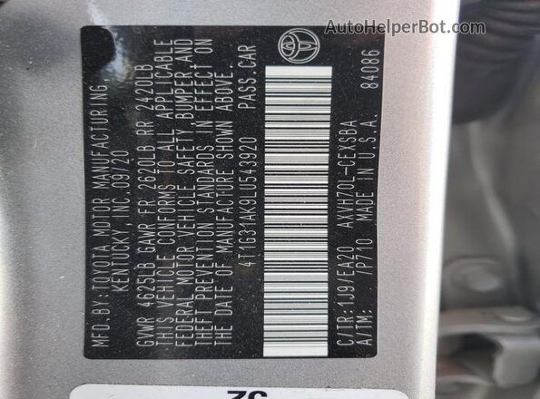 4T1G31AK9LU543920 2020 TOYOTA CAMRY Silver Engine compartment view