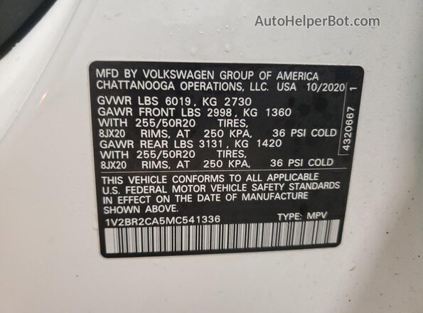 1V2BR2CA5MC541336 2021 VOLKSWAGEN ATLAS White 