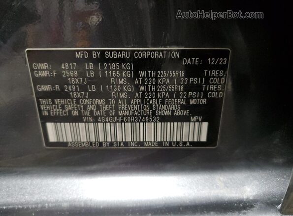 4S4GUHF60R3749532 2024 SUBARU CROSSTREK Charcoal Widok wnętrza 360 stopni