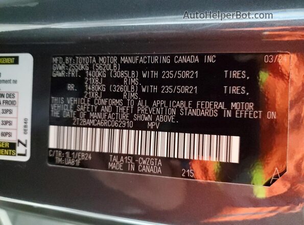 2T2BAMCA6RC062910 2024 LEXUS RX Угольный Вид наклейки с VIN-кодом