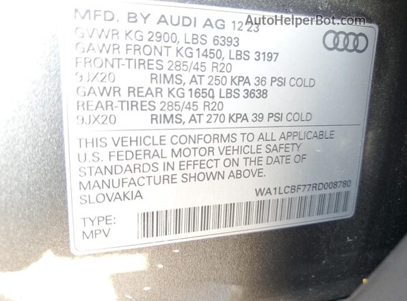 WA1LCBF77RD008780 2024 AUDI Q7 Gray VIN կոդի պիտակի տեսք