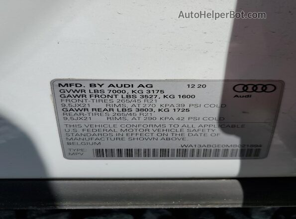 WA13ABGE0MB021894 2021 AUDI E-TRON White Vista de la etiqueta del VIN