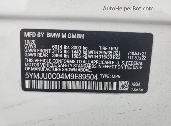 5YMJU0C04M9E89504 2021 BMW X5 White VIN კოდის სტიკერის ხედი