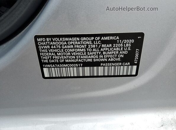 1VWSA7A30MC002517 2021 VOLKSWAGEN PASSAT Silver 