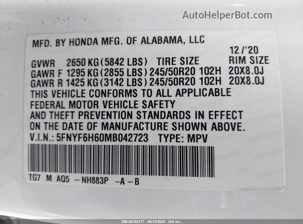 5FNYF6H60MB042723 2021 HONDA PILOT White Vista del compartimento del motor