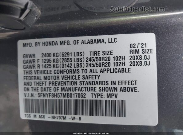 5FNYF8H57MB017062 2021 HONDA PASSPORT Серый Вид подкапотного пространства
