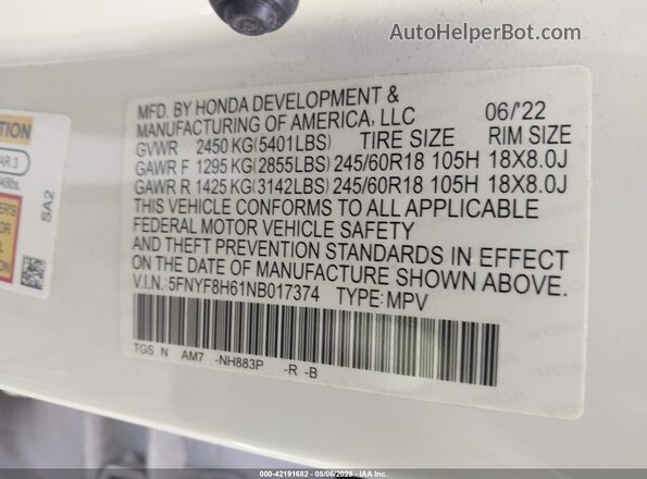 5FNYF8H61NB017374 2022 HONDA PASSPORT White ძრავის განყოფილების ხედი