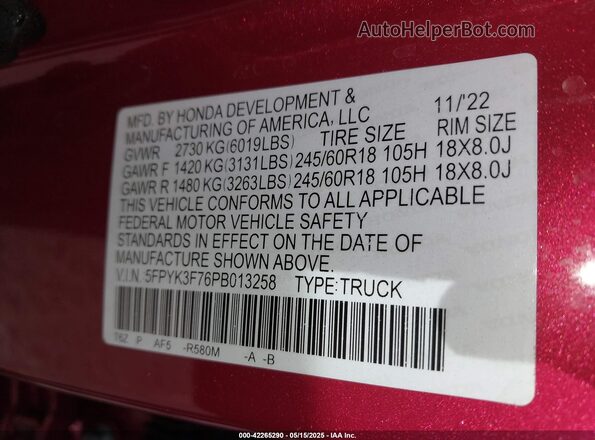 5FPYK3F76PB013258 2023 HONDA RIDGELINE Red 