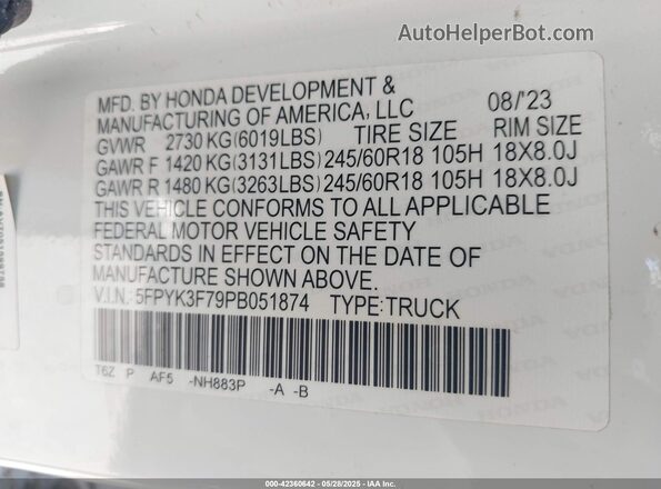 5FPYK3F79PB051874 2023 HONDA RIDGELINE White 