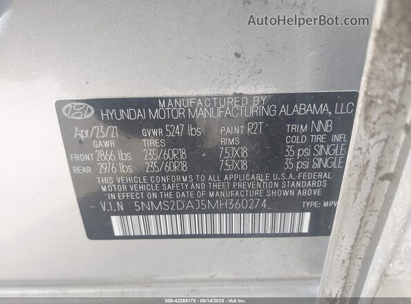 5NMS2DAJ5MH360274 2021 HYUNDAI SANTA FE Gray ძრავის განყოფილების ხედი