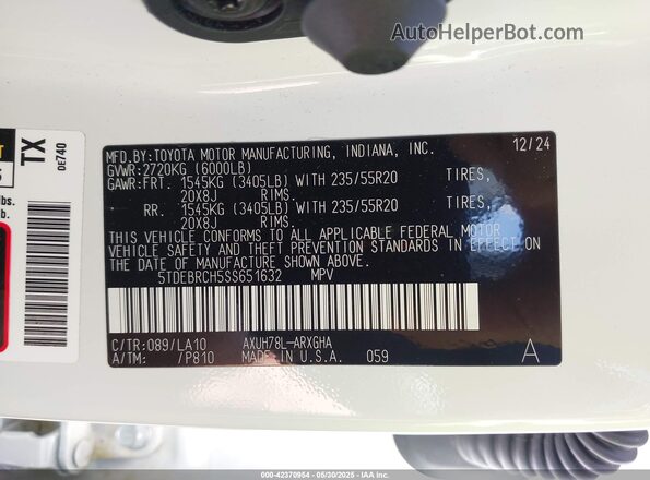 5TDEBRCH5SS651632 2025 TOYOTA HIGHLANDER HYBRID White 
