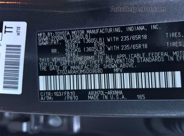 5TDZARAH3MS009680 2021 TOYOTA LE  