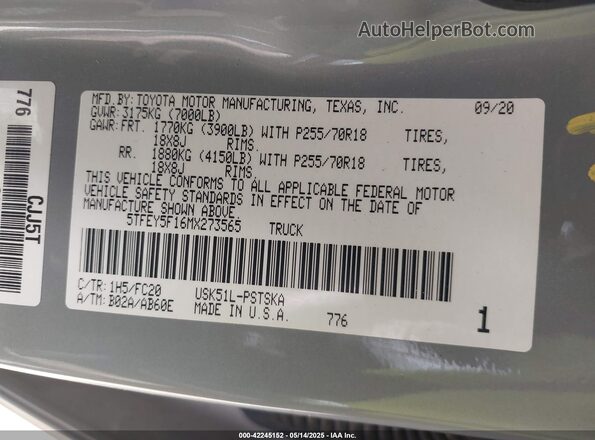 5TFEY5F16MX273565 2021 TOYOTA TUNDRA Gray Вид підкапотного простору