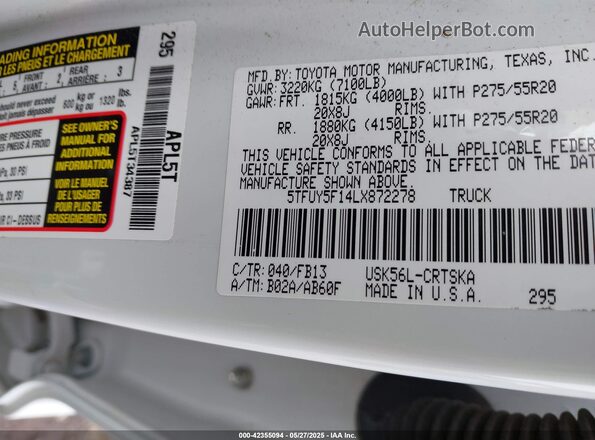 5TFUY5F14LX872278 2020 TOYOTA TUNDRA White 