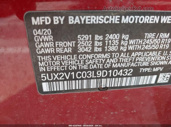 5UX2V1C03L9D10432 2020 BMW X4 Burgundy Widok komory silnika
