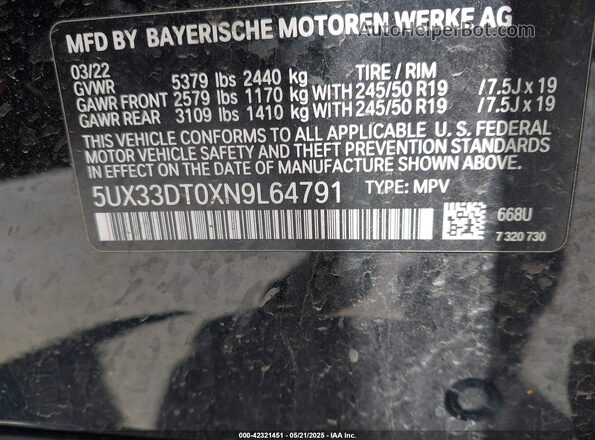 5UX33DT0XN9L64791 2022 BMW X4 Черный 