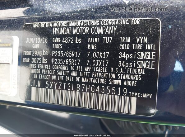 5XYZT3LB7HG435519 2017 HYUNDAI SANTA FE SPORT Blue 