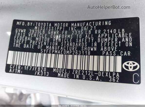 5YFEPMAE0MP263118 2021 TOYOTA LL Silver Вид підкапотного простору