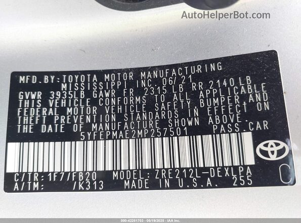 5YFEPMAE2MP257501 2021 TOYOTA LL Silver Շարժիչի բաժամունքի տեսք