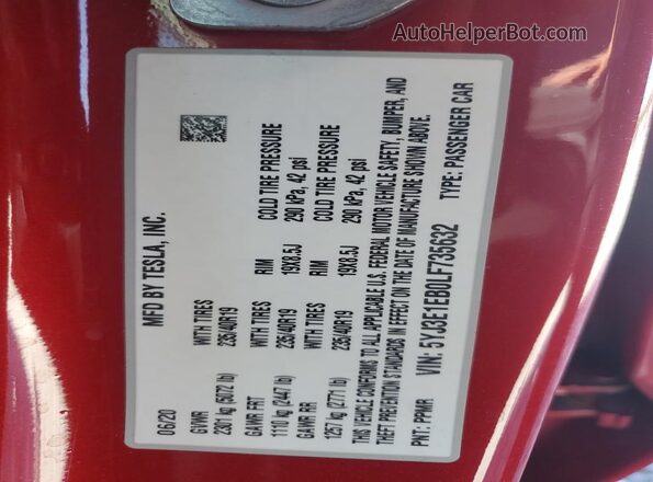 5YJ3E1EB0LF735632 2020 TESLA MODEL Красный Вид подкапотного пространства