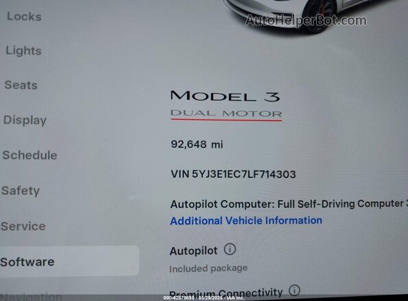 5YJ3E1EC7LF714303 2020 TESLA MODEL 3 White 