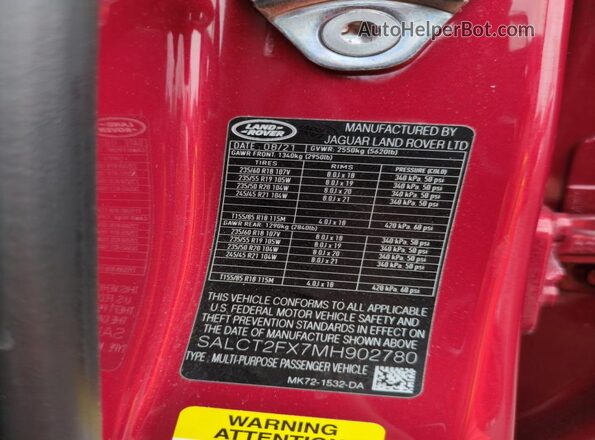 SALCT2FX7MH902780 2021 LAND ROVER DISCOVERY Red VIN sticker view