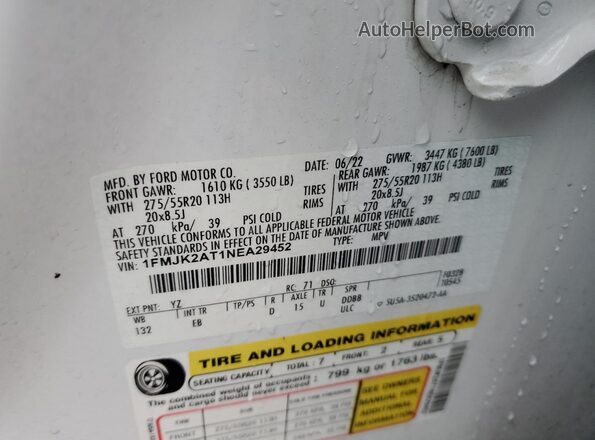 1FMJK2AT1NEA29452 2022 FORD EXPEDITION White 