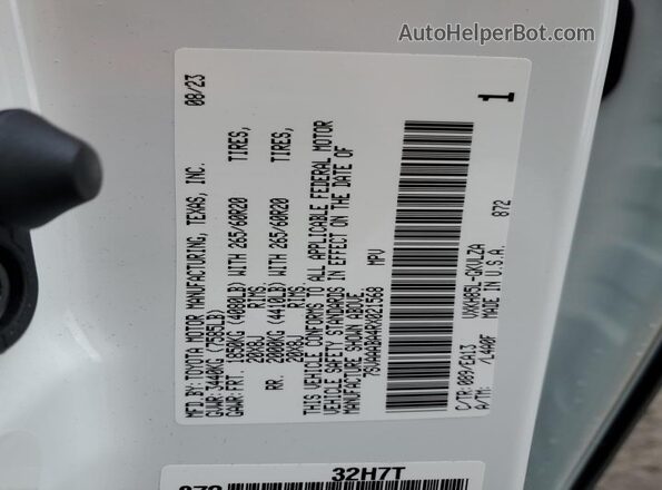 7SVAAABA4RX021568 2024 TOYOTA SEQUOIA White VIN sticker view
