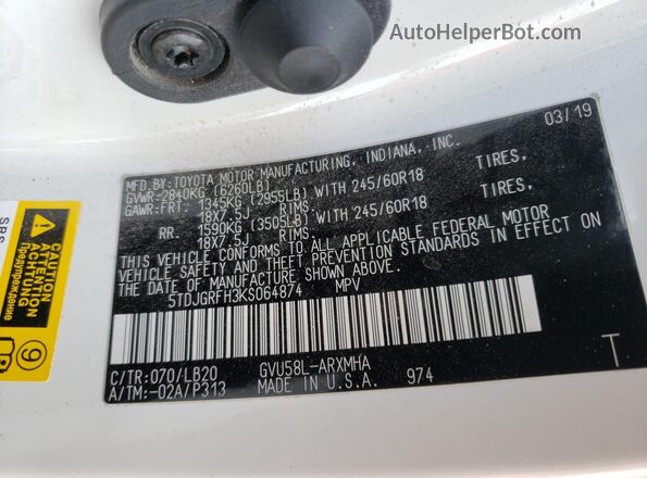 5TDJGRFH3KS064874 2019 TOYOTA HIGHLANDER HYBRID Белый 