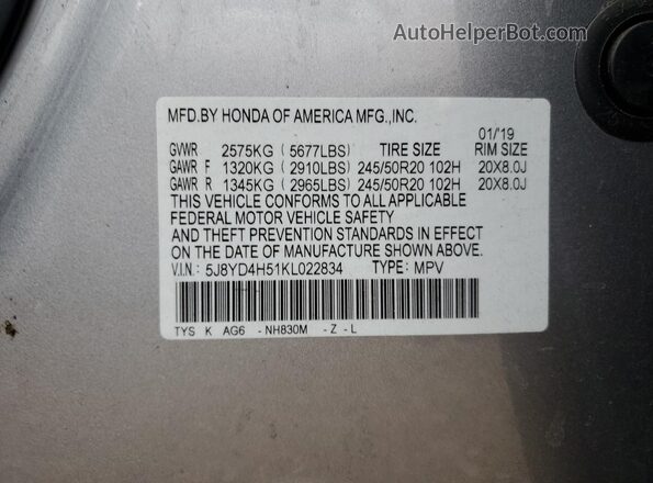 5J8YD4H51KL022834 2019 ACURA MDX Silver Vista de la etiqueta del VIN