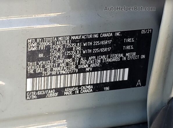 2T3P1RFV1MW201779 2021 TOYOTA LE Gray VIN կոդի պիտակի տեսք