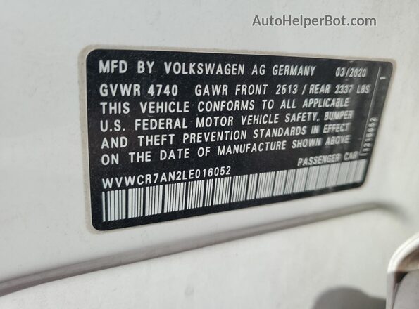 WVWCR7AN2LE016052 2020 VOLKSWAGEN ARTEON White 