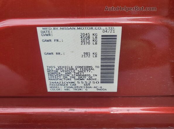 1N4AZ1CVXMC555250 2021 NISSAN LEAF Burgundy 