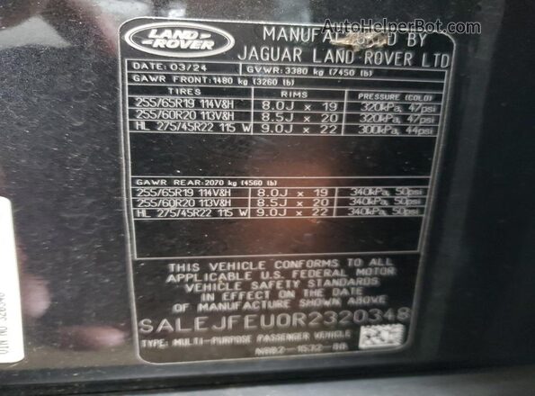 SALEJFEU0R2320348 2024 LAND ROVER DEFENDER Gray Vista de la etiqueta del VIN