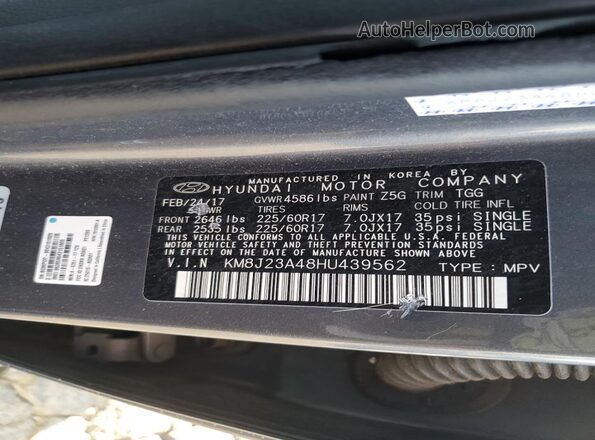 KM8J23A48HU439562 2017 HYUNDAI TUCSON Угольный 