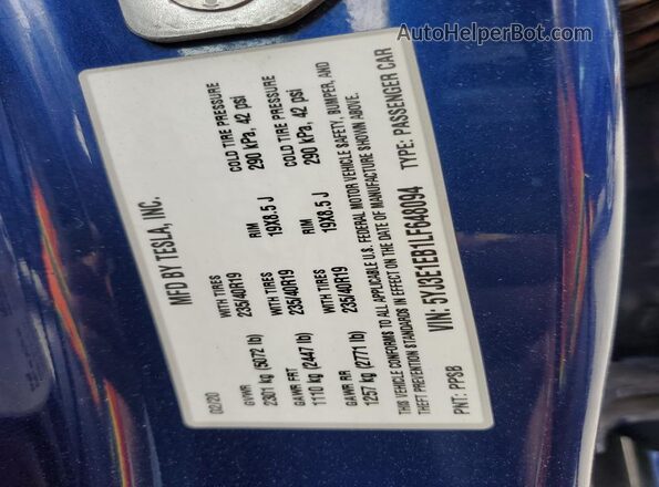 5YJ3E1EB1LF648094 2020 TESLA MODEL Blue Widok komory silnika