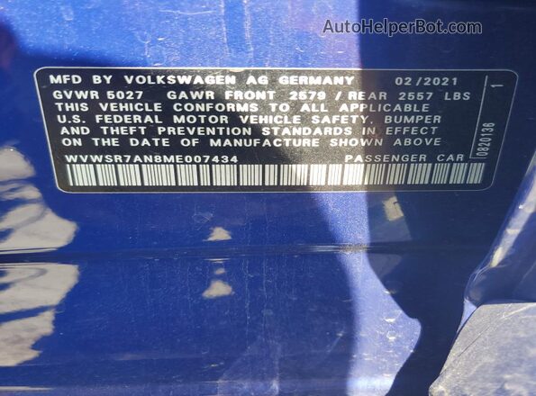 WVWSR7AN8ME007434 2021 VOLKSWAGEN ARTEON Blue 