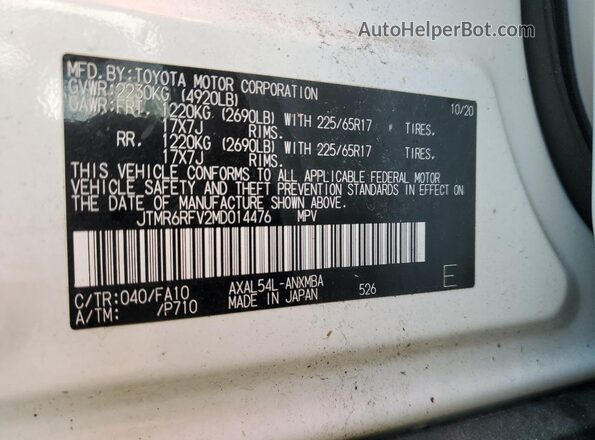 JTMR6RFV2MD014476 2021 TOYOTA LE White Շարժիչի բաժամունքի տեսք