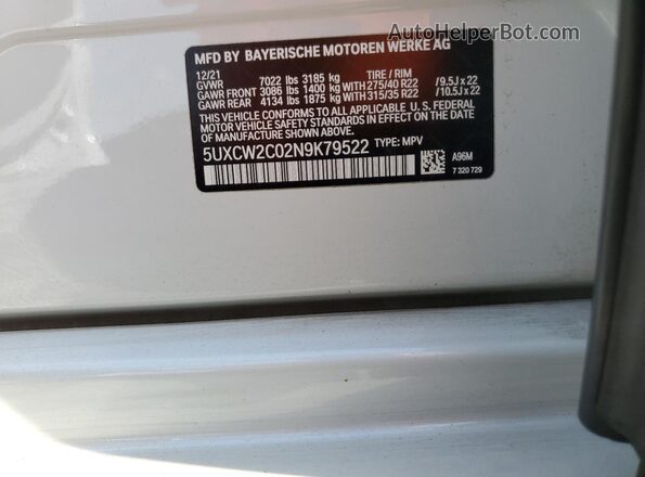 5UXCW2C02N9K79522 2022 BMW X7 White 360 interior view