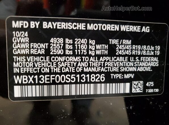 WBX13EF00S5131826 2025 BMW X1 Black VIN sticker view