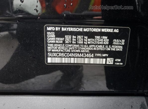 5UXCR6C04N9M43464 2022 BMW X5 Black 