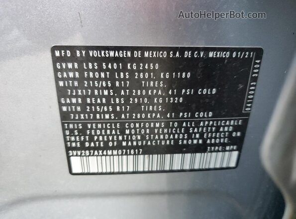 3VV2B7AX4MM071617 2021 VOLKSWAGEN TIGUAN Silver VIN კოდის სტიკერის ხედი