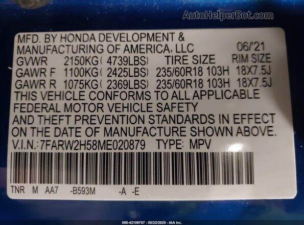 7FARW2H58ME020879 2021 HONDA CR-V Blue Vista del compartimento del motor