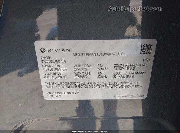 7PDSGABL3NN002278 2022 RIVIAN R1S Серый Вид подкапотного пространства