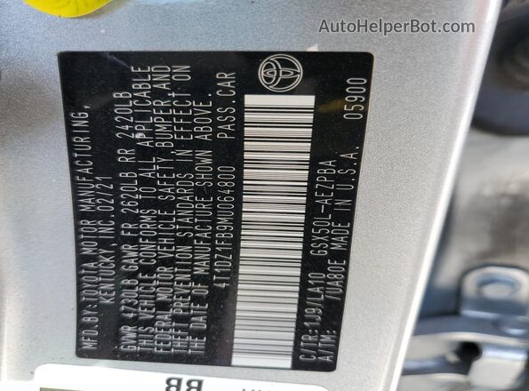 4T1DZ1FB9MU064800 2021 TOYOTA LIMITED Silver VIN sticker view