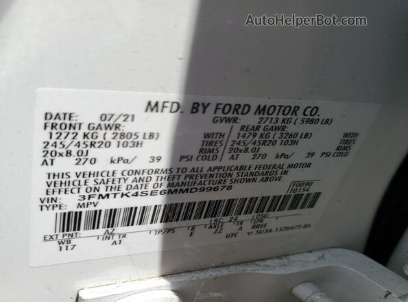 3FMTK4SE6MMD99678 2021 FORD MUSTANG White Vista de la etiqueta del VIN