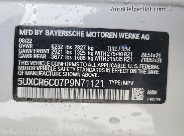 5UXCR6C07P9N71121 2023 BMW X5 White VIN კოდის სტიკერის ხედი
