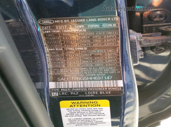 SALCT2BG5HH697147 2017 LAND ROVER DISCOVERY Blue Вид наклейки з VIN-кодом