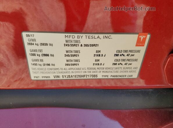 5YJSA1E26HF217085 2017 TESLA MODEL Красный 