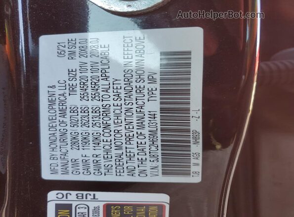 5J8TC2H69ML031441 2021 ACURA RDX Black Widok naklejki z numerem VIN